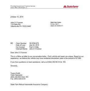 State Farm Insurance Auto Diminished Value Response